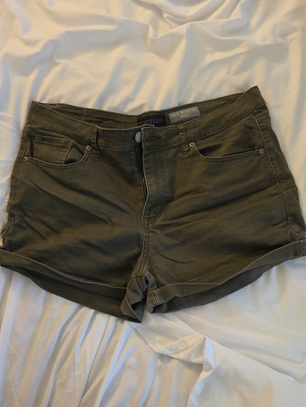 Aeropostale Olive Green High-Rise Midi Cuffed Denim Shorts, Size 14